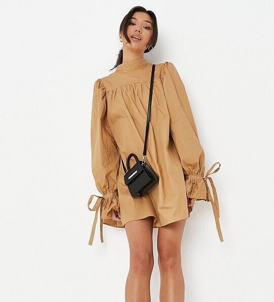 Missguided Poplin Balloon Sleeve Ruched Smock Dress. Brown. UK 14. ****V184