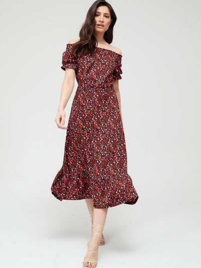 Shirred Waist Bardot Midi Dress - Floral Print. UK 16 **** SW6