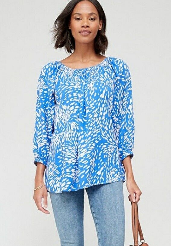 Scoop Neck Elasticated Blouse Print Blue Uk14****Ref V415