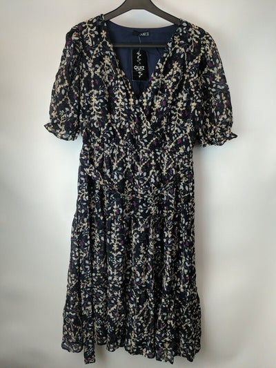 Quiz Navy Purple Embroidered Short Sleeved Midi Dress Size UK 8 **** V471