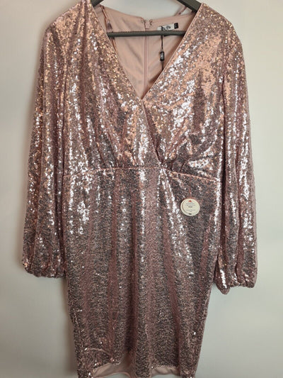 Chi Chi London Long Sleeve Plunge Sequin Midi Dress Pink Size 16 **** V32