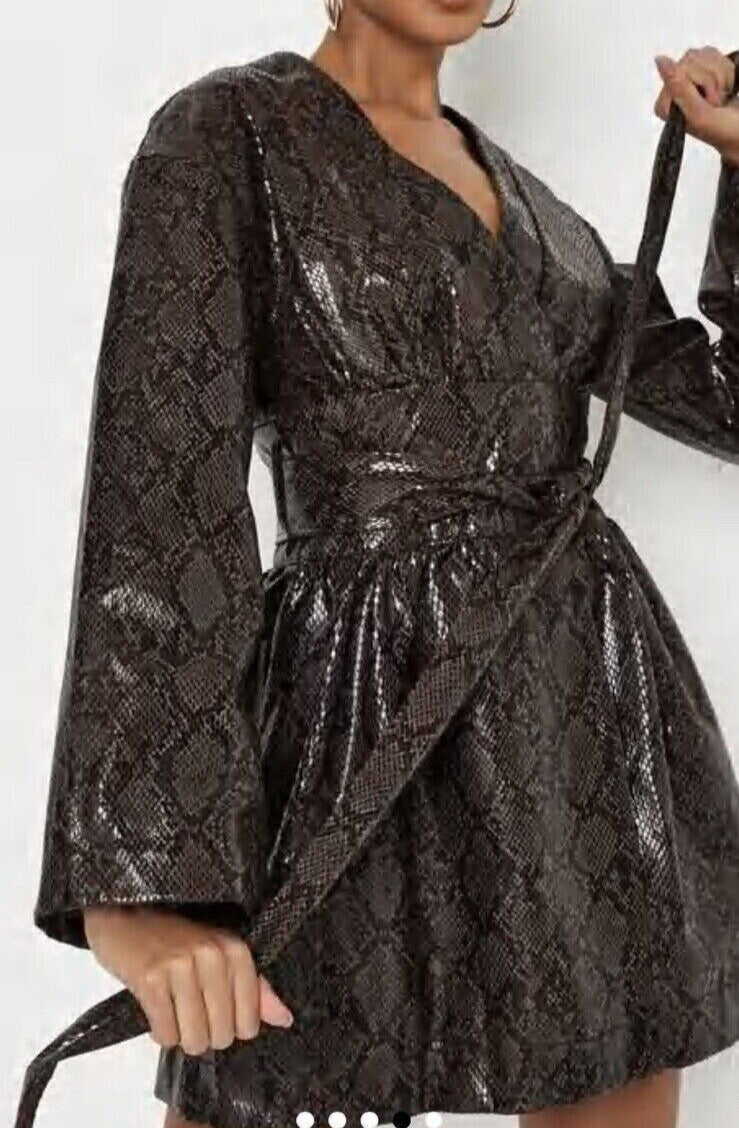 Missguided Brown Snake Print Faux Leather Wrap Front Dress Size 6