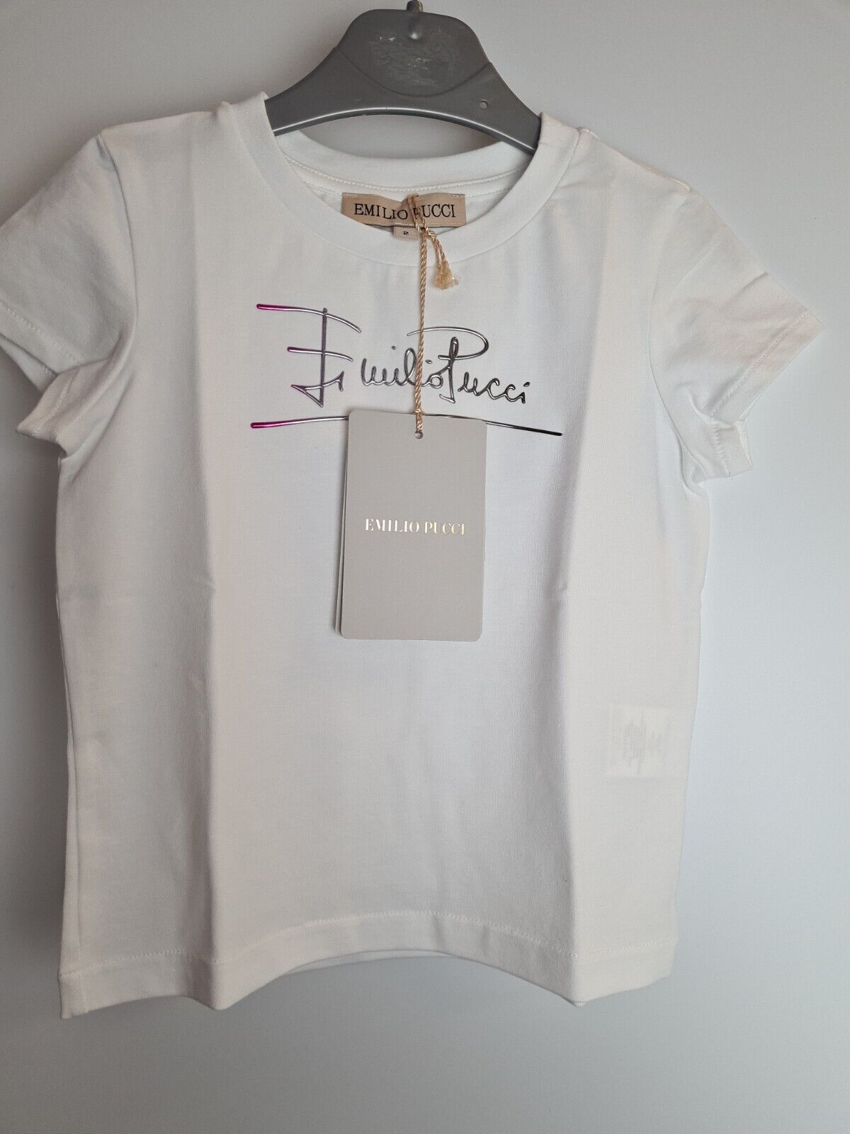Emilio Pucci Kids White Metallic Logo T-Shirt Size 4 Years **** V269