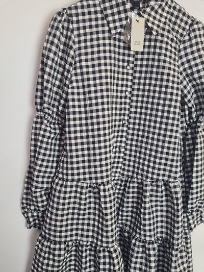 River Island Check Print Tiered Shirt Dress. Black And White Size 6 **** V57