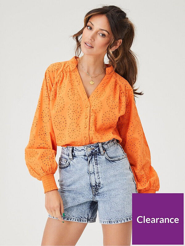 Michelle Keegan Broderie Button Through Midi Orange Top Size 10 ** V347