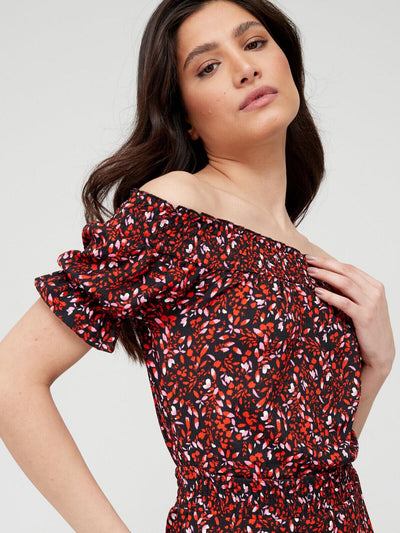 Shirred Waist Bardot Midi Dress - Floral Print. UK 10 . **** SW10