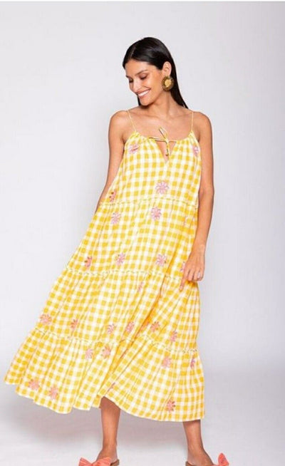 Sundress Maureen Yellow Gingham & Pink Emb One Size****Ref V3