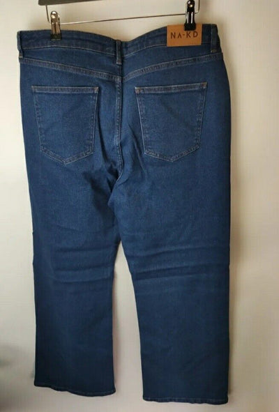 NA-KD Straight Leg High Waist Jeans- Mid Blue. UK 16