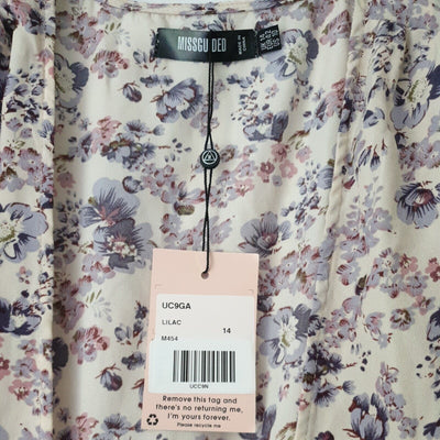 Missguided lilac Floral print midi high low puff sleeve dress Uk14****Ref V26