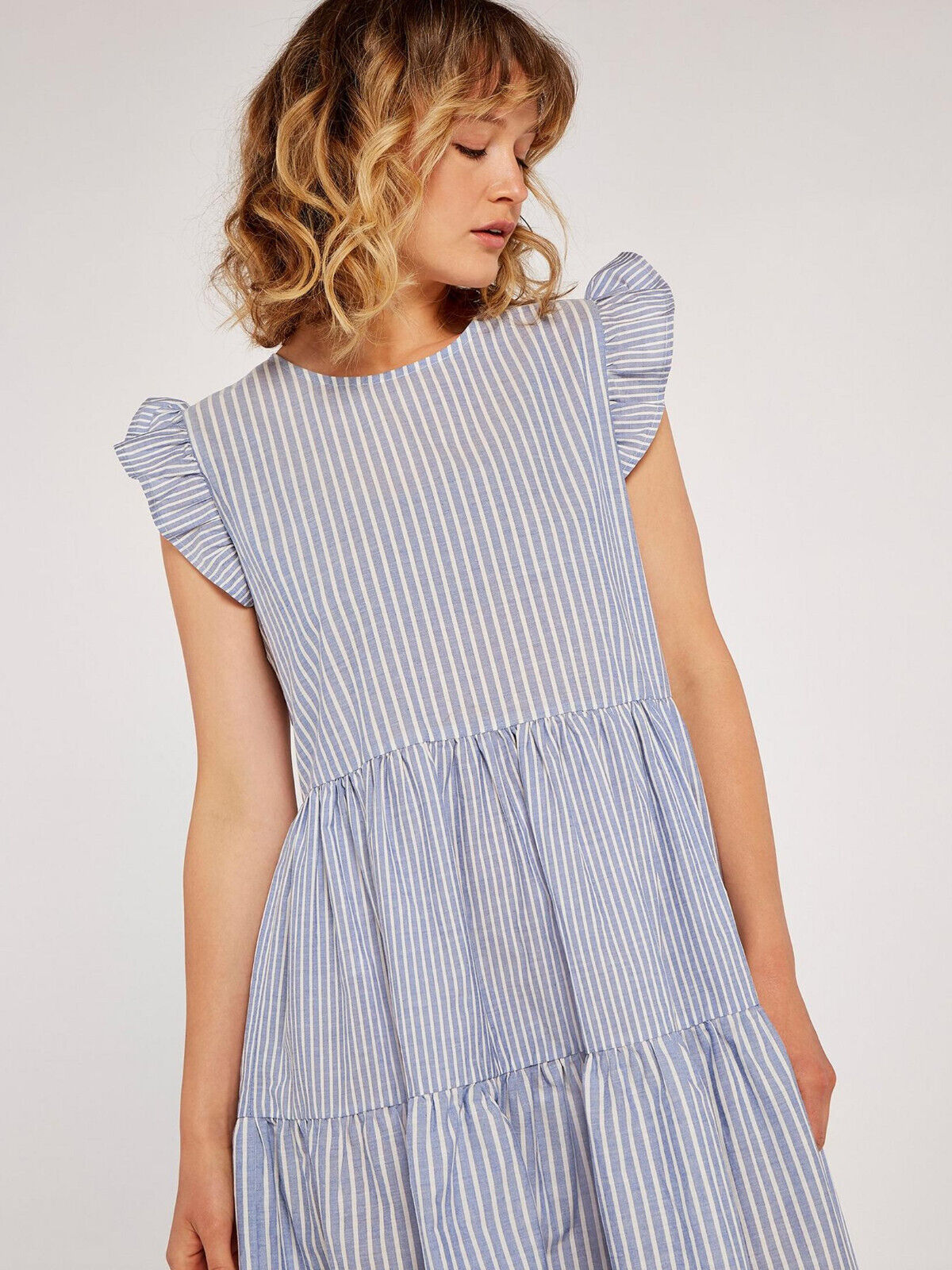 Apricot Mix Blue Stripe Lines Tiered Dress  UK 8 ****Ref V384