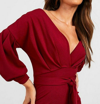 boohoo red off shoulder dress Red Off The Shoulder Wrap Maxi Dress