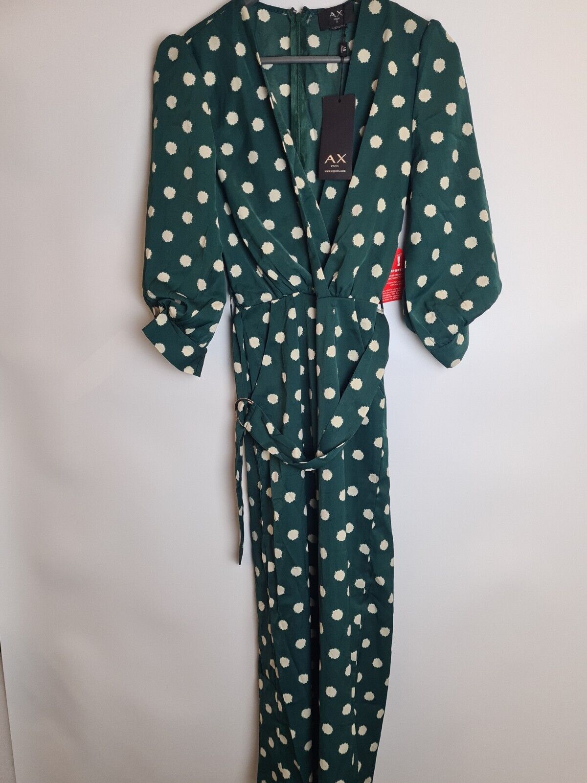 Ax Paris Green Spot Printed Wrap Over Jumpsuit With Belt Size 6 **** V208