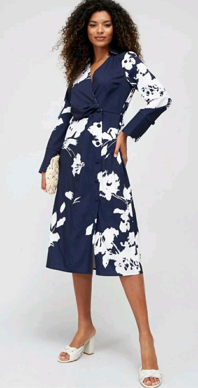 Fig & Basil Kimono Sleeve Midi Dress Navy Print Uk22****Ref V505