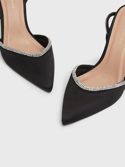 New Look Black Satin Diamanté Trim 2 Part Stiletto Heel Sandals Size 6 **** VS3