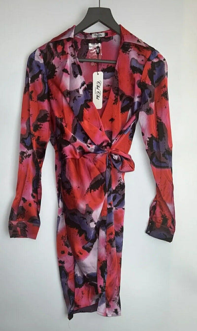 Chi Chi London Long Sleeve Abstract Print Wrap Shirt Dress. Multi Coloured .Uk14