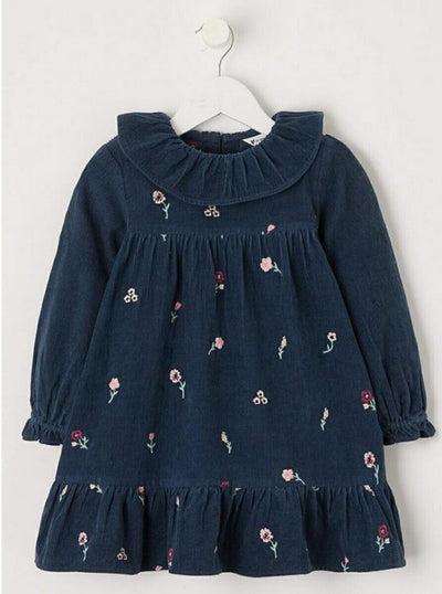 Girls Frill Collar Embroidered Long Sleeve Dress Navy Size 6-7Yrs****Ref V488