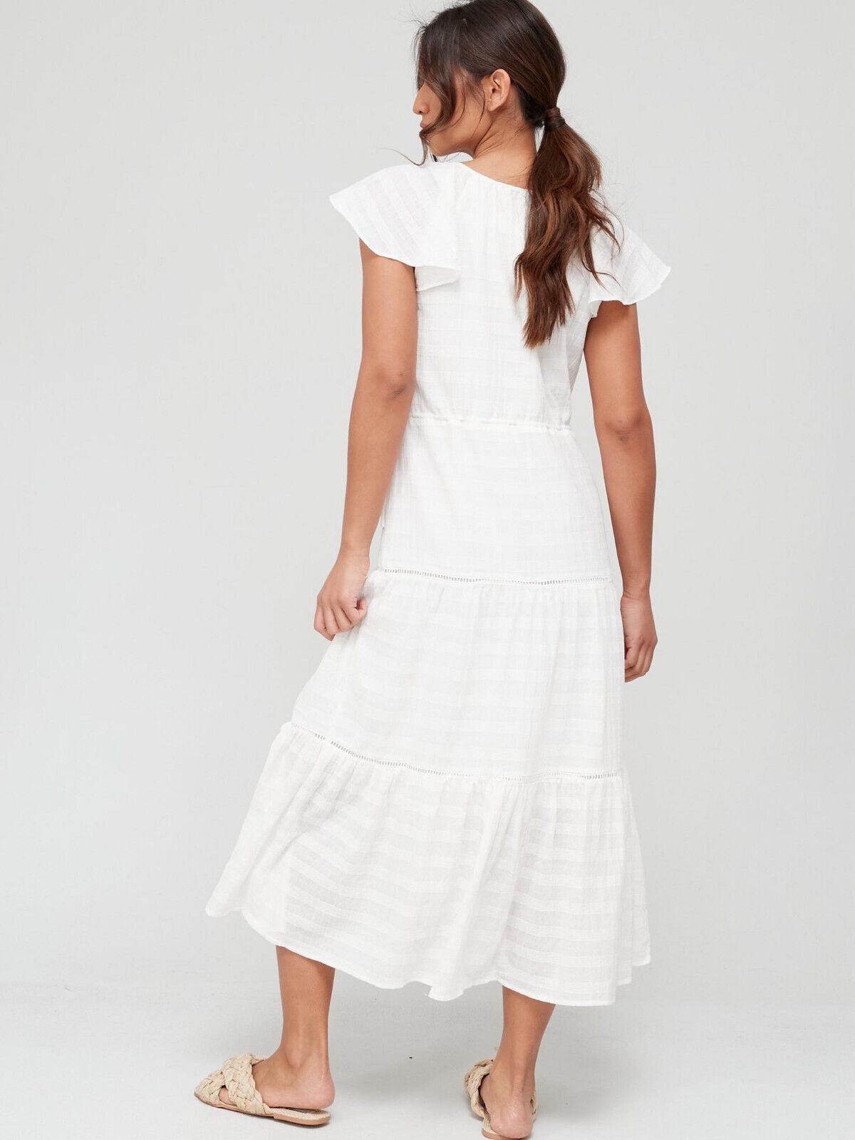 Textured Fabric Angel Sleeve Midi Beach Dress - Off White. UK 10 **** Ref V280