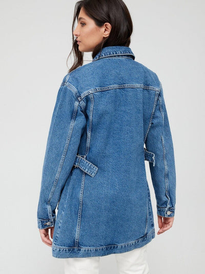 Womens Longline Denim Jacket With Side Adjuster - Mid Wash. UK 14