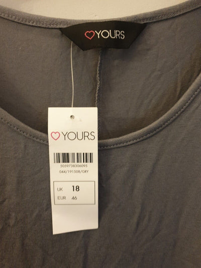 Yours Clothing Grown On Sleeve Dip Back Tee-Grey. Size 18