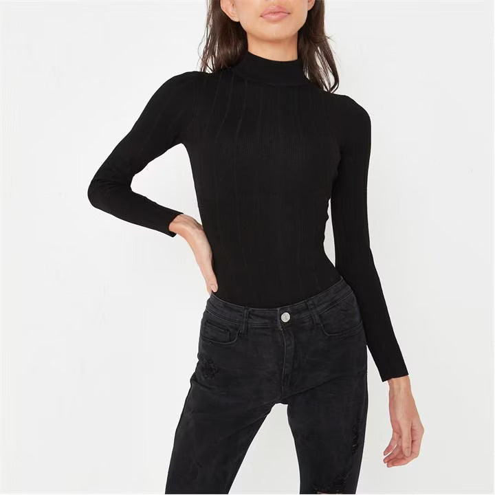 Petite Rib High Neck Black Knit Bodysuit Size 6 ** V513
