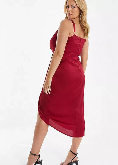 Quiz Curve Satin Diamante Strappy Ruched Front Midaxi Dress - Berry. UK 18