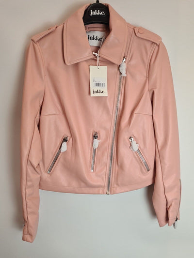 Jakke Vegan Leather Pink Biker Jacket Size UK 10 **** V32