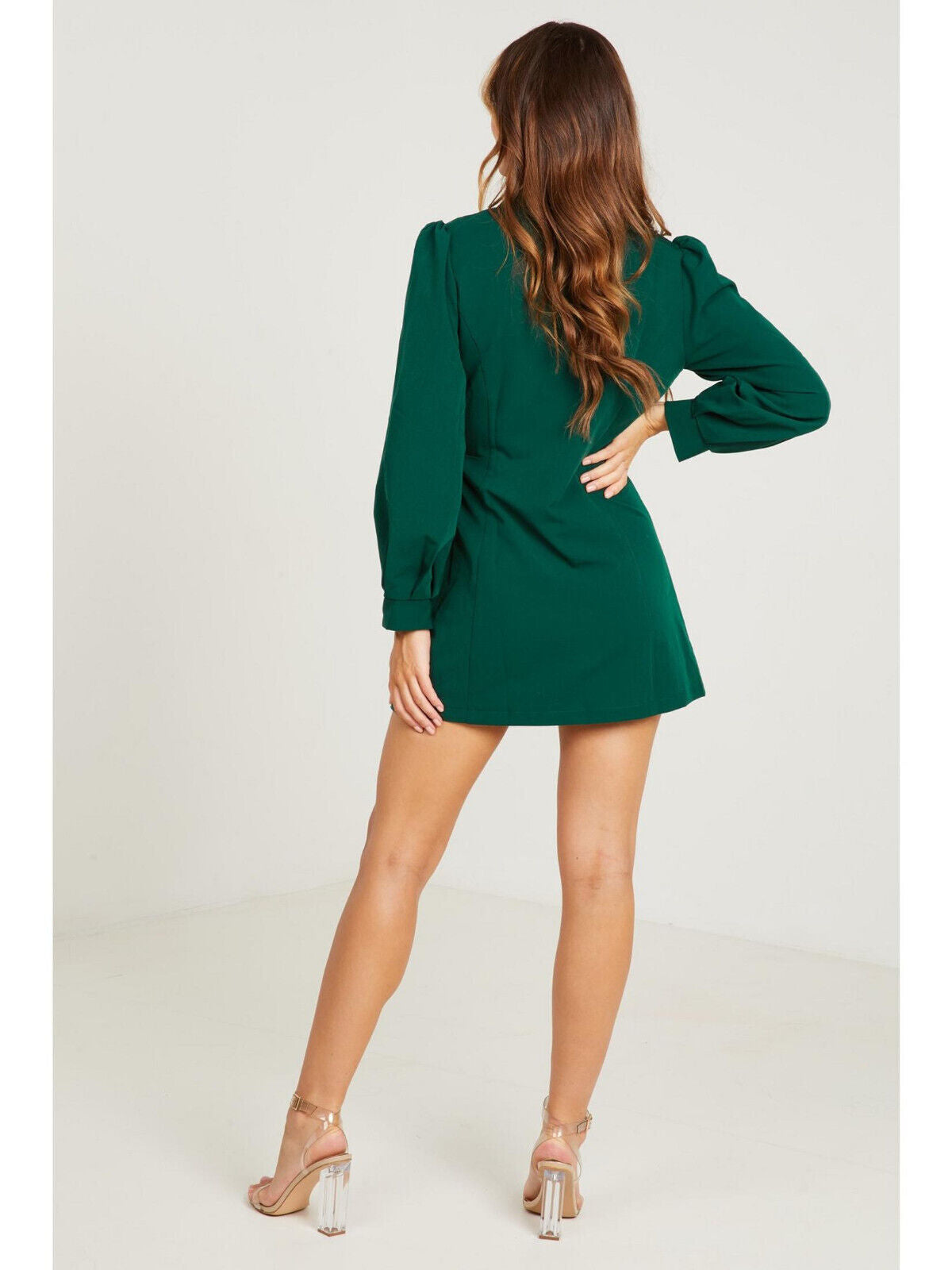 Quiz Woven Half Pleat Tie Front Puff Sleeve Green Blazer Dress Size 12