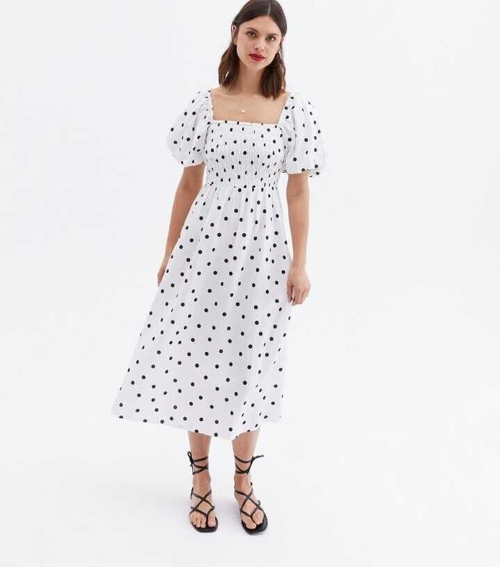 Women's Spot Linen-Look Shirred Square Neck Puff Sleeve Midi - White