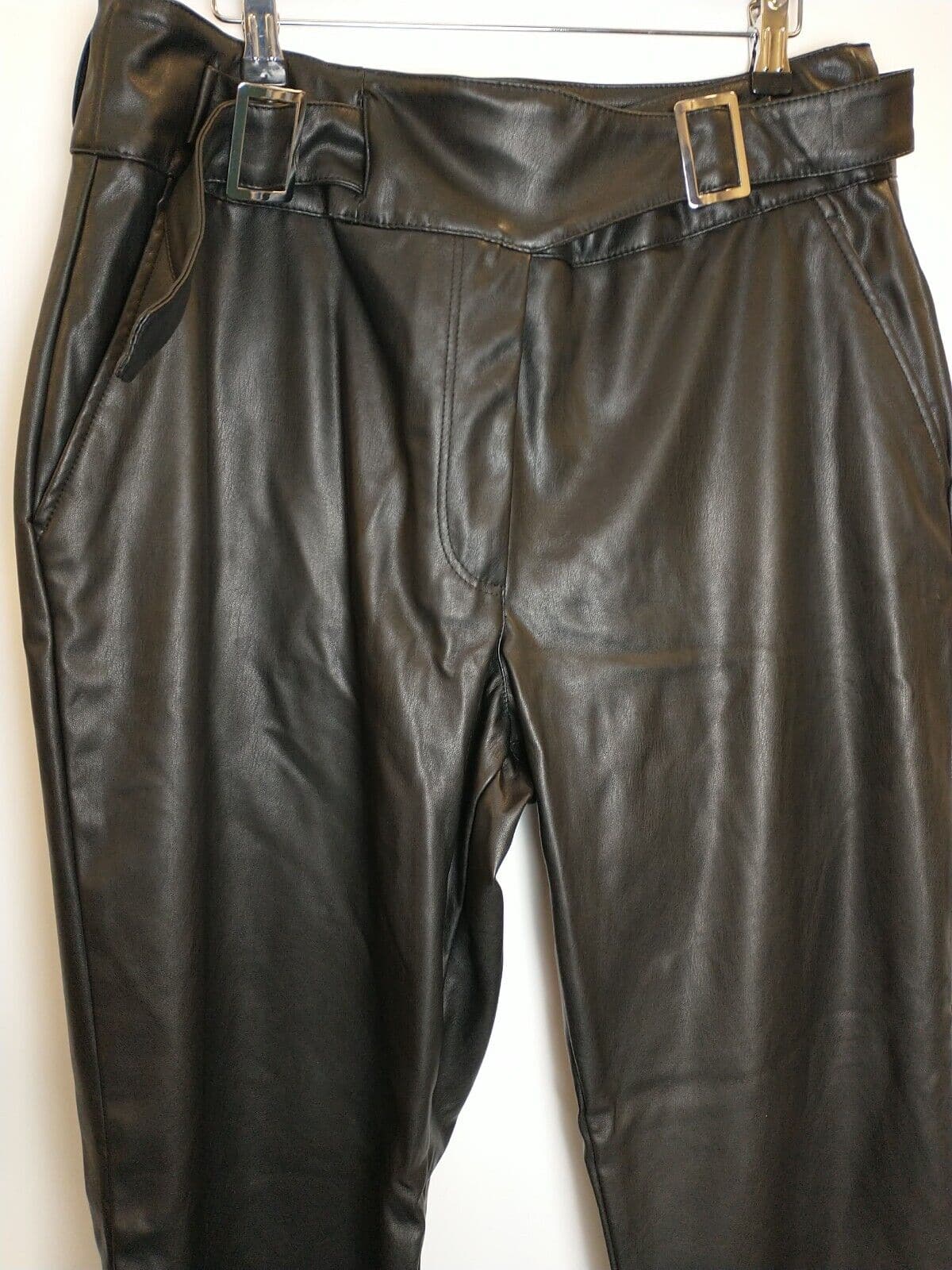 Faux Leather Wrap Waist Straight Leg Black Trousers Size 16 **** V143